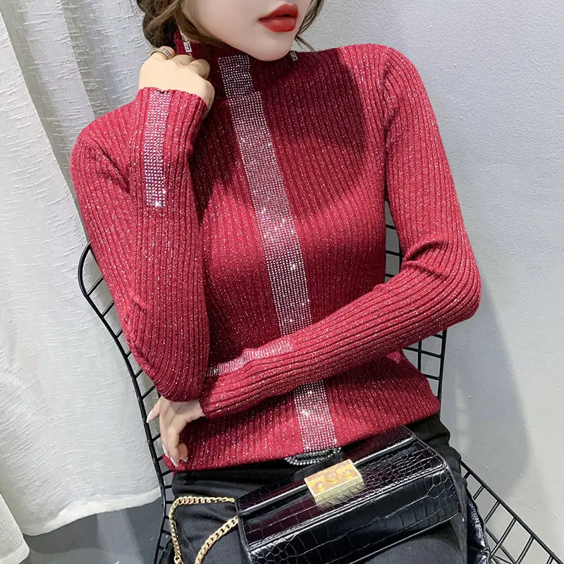 Gray Bright Silk Sequin Women's Knit Sweater Turtleneck with Rhinestones Ladies Pullovers Sale All Cheap Aesthetic Elegant Top