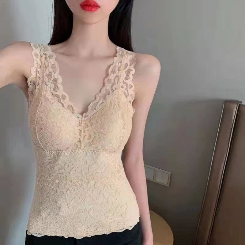 Velvet Thickened Undershirt Women Solid Slim Lace Thermal Underwear Camisole Warm Sling Vest with Chest Pad Bottoming Clothing