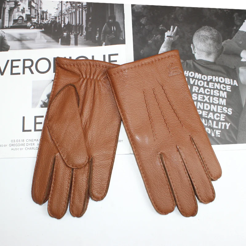 Guantes de piel de ciervo de alta calidad para hombre, protector de pantalla táctil, forro de punto de lana cálida, cosido a mano, cuero corrugado elegante, guantes de conducción