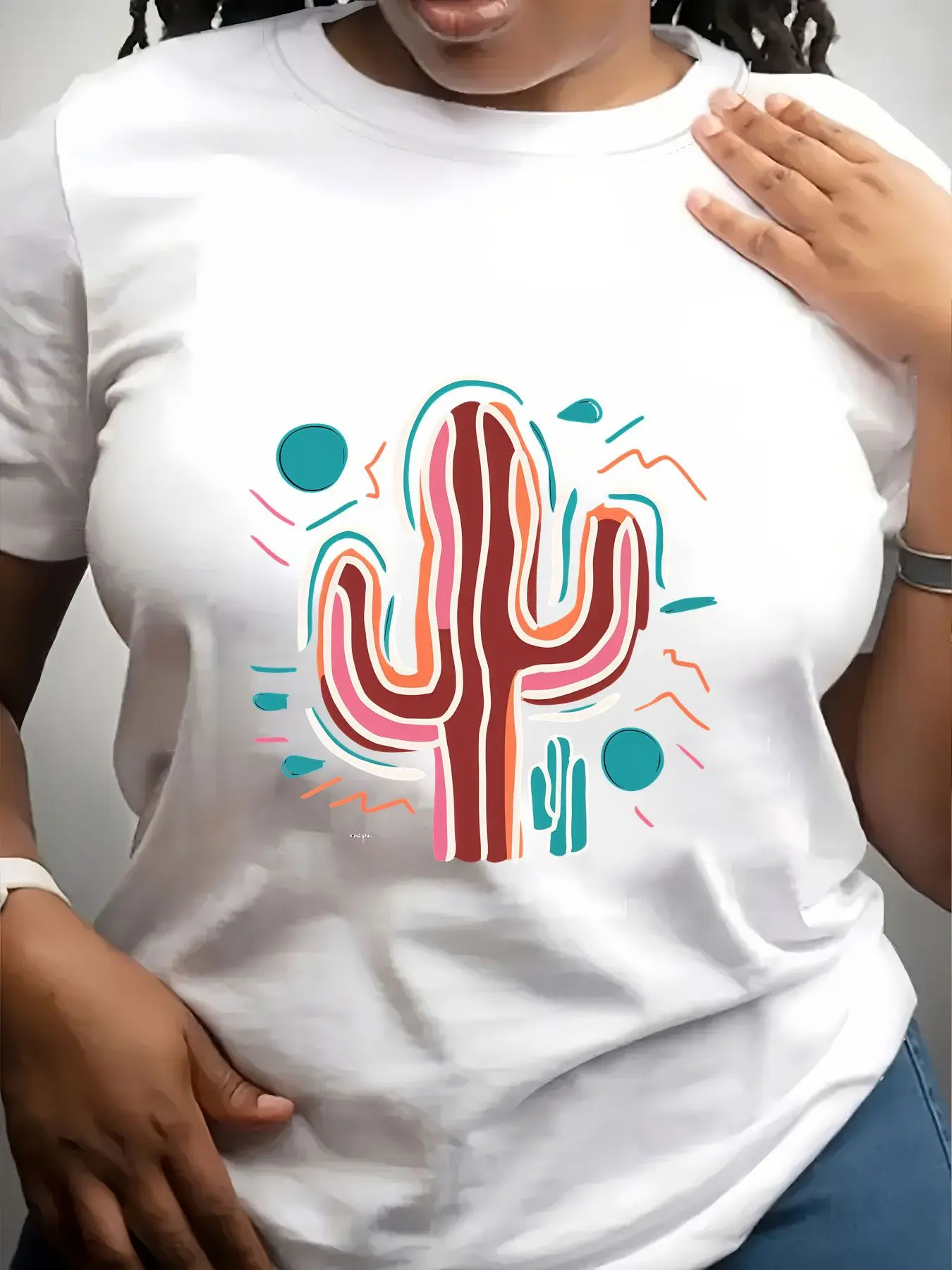 Women's Trendy Crew Neck T-Shirt Colorful Cactus Graphic Tee Design Suitable for Casual Sportswear