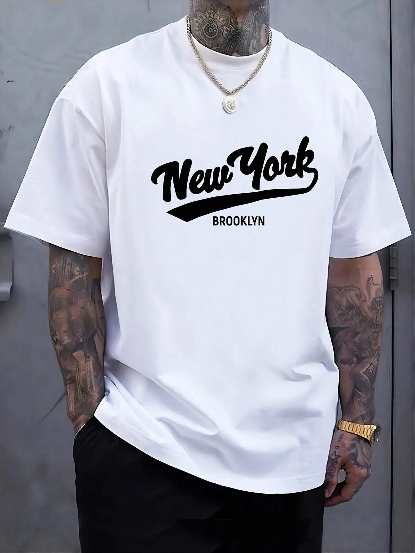 

New York Brooklyn Black White Grey Tshirt Collection Classic City Text Print with Silver Chain Accessory Unisex Cotton