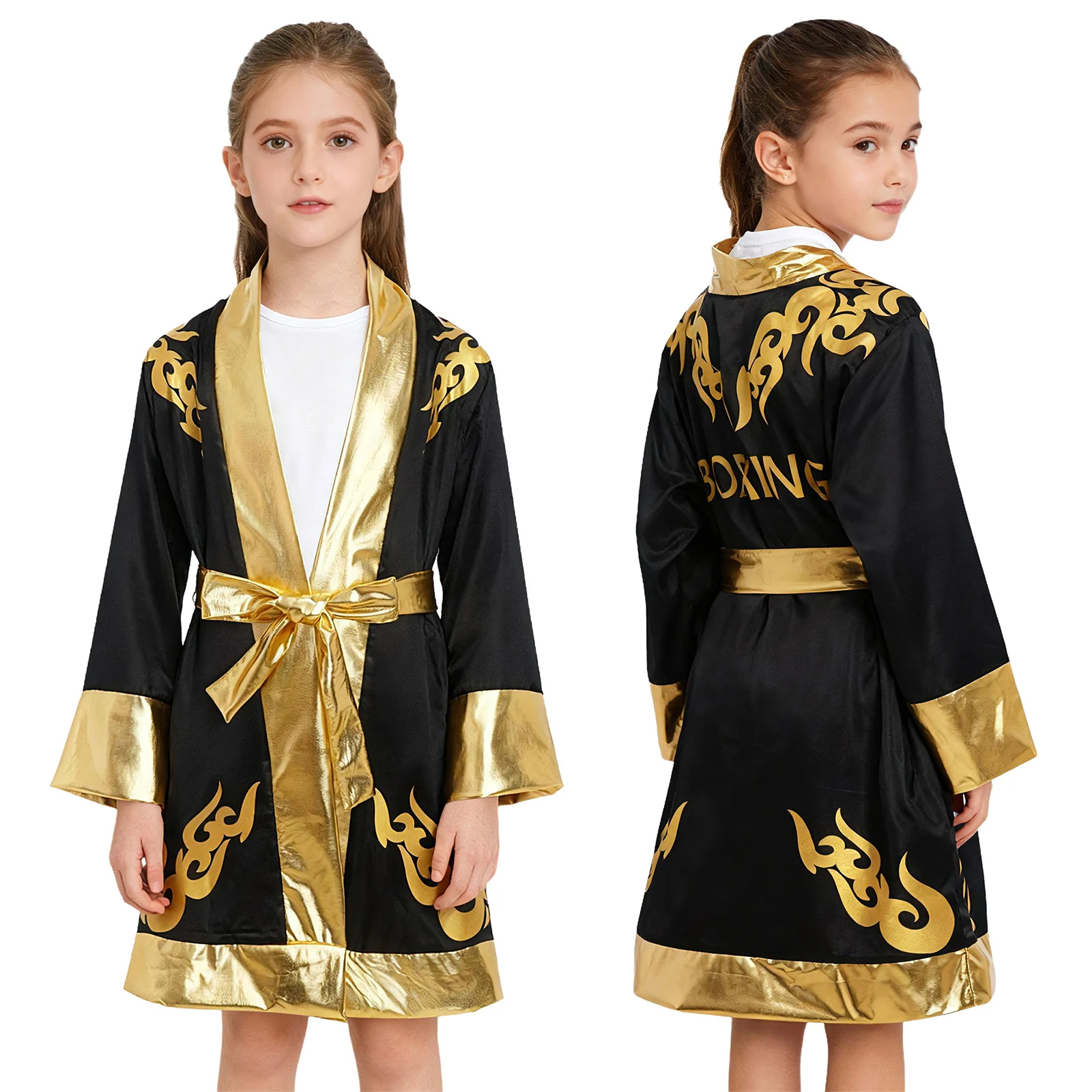 

Kids Boy Girl Boxing Robes Muay Thai Kickboxing Training Clothes Long Sleeve Metallic Satin Gown with Belt Boxer Cosplay Costume