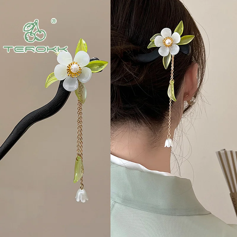 النمط الصيني مضيئة جناح الشعر العصي للنساء الاطفال الرجعية المعادن الخشب زهرة شرابة دبوس الشعر مقاطع إكسسوارات الشعر #3