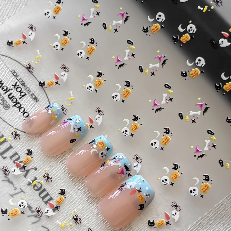 Cartoon Halloween Skull Cat Bat Wizard Hat Bones Coffin Crescent Moon Starburst Cute Adhesive Nail Charms Sticker Manicure Decal