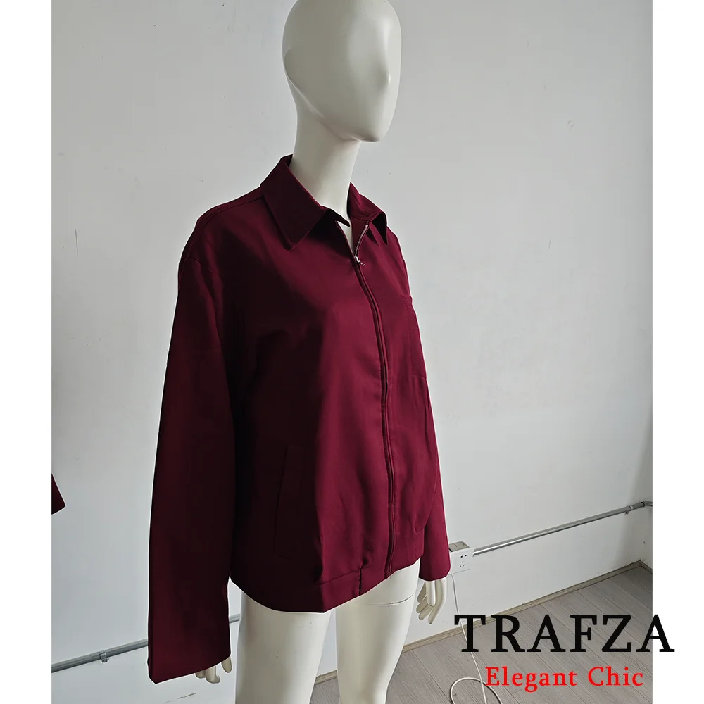 TRAFZA-Veste Vintage à Fermeture Éclair pour Femme, Vêtement Polyvalent, de Rue, à Revers Bordeaux, à la Mode, Nouvelle Collection Automne 2024