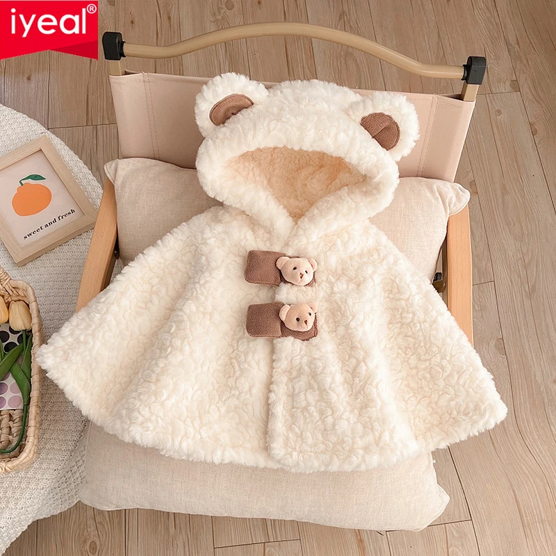 

IYEAL Winter Baby Cute Cloak New Baby Clothing Baby Thickened Cloak Winter Cartoon Hooded Ears Warm Plus Fleece Coat