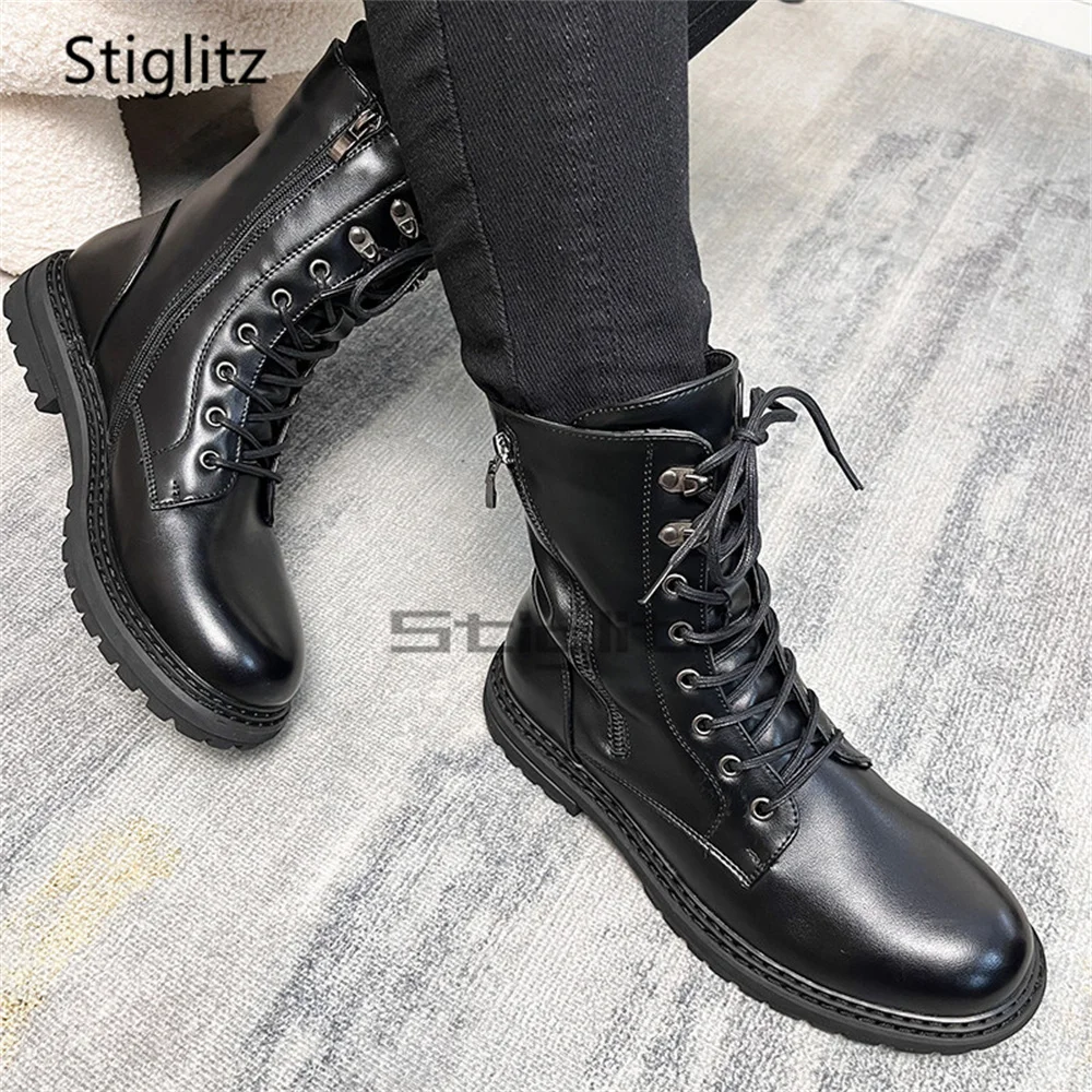 

Men's British Style Lace Up High-Top Boots Autumn Winter Thick-Soled Ankle Boots Black Leather Round Toe Work Boots Male Shoes