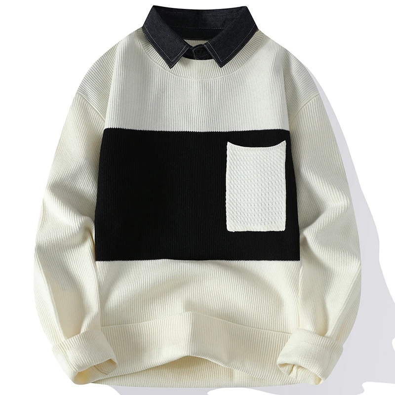 

Теплый вязаный свитер для мужчин с воротником-стойкой, модный молодежный стиль, длинный рукав, осенне-зимний, двухцветный, в стиле бохо