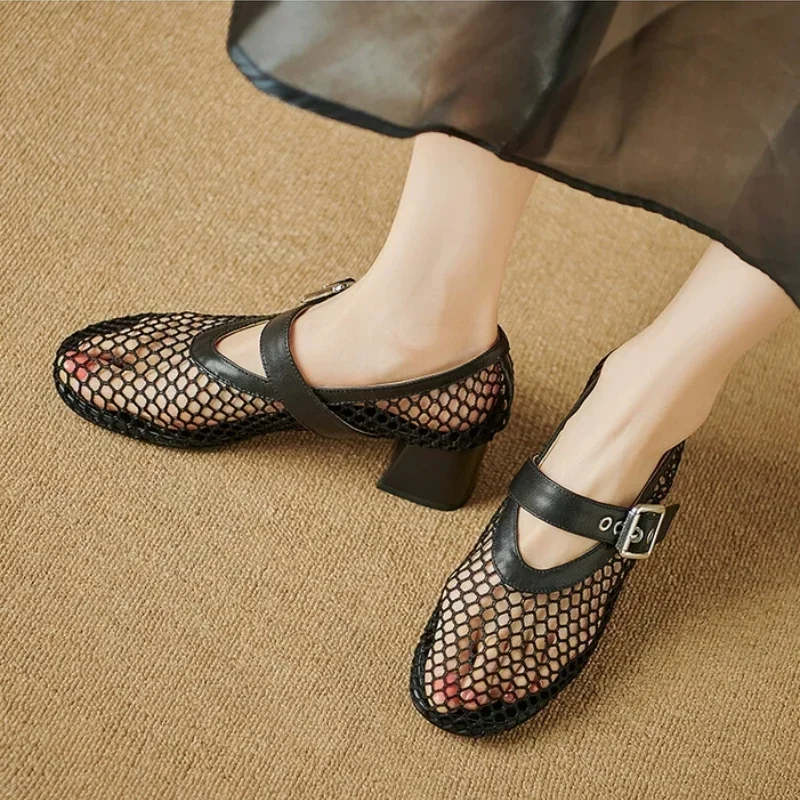 2024 Mesh Mary Jane Single Shoe Women's Summer New Round Head Line with Hollow Mesh High-heeled Sandals