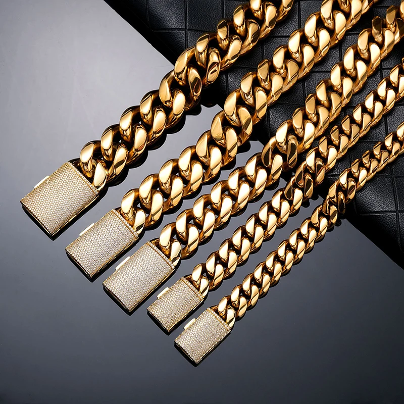 12/14/18/20/22mm Big Heavy Solid Stainless Steel Cuban Miami Link Chain Necklaces for Men Hip Hop Bling Iced out Rapper Jewelry