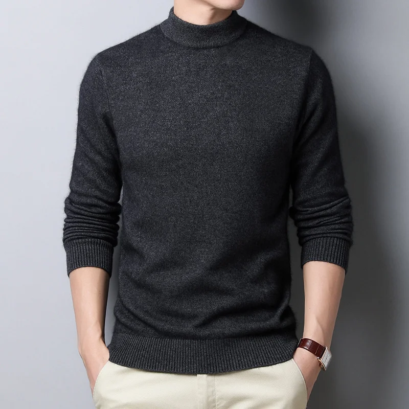 Autumn Winter Men's Thickened Warm Pullover Half High Neck Solid Knitting Bottomed Imitation Sweater