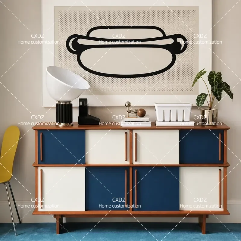 High End Solid Wood Dining Side Cabinet Wall Mounted Tea Rattan Storage Cabinet Medium Antique Rock Slab Sliding Door