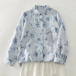 Women's Clothing Shirts Blouse Camisas Women Shirts Vintage Blusa Mujer Cotton Linen Casual Print Long Sleeve Flower Autumn