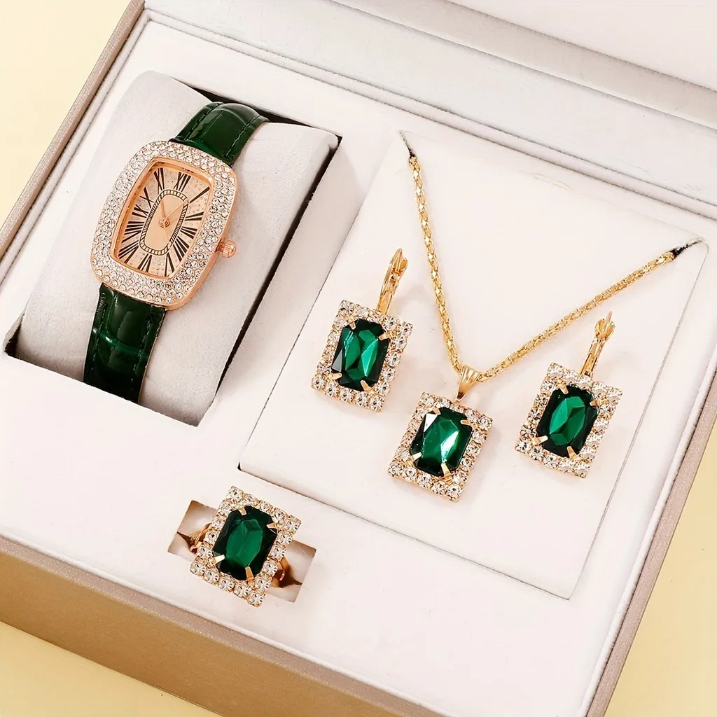 Kegllect, 5 шт., женские часы с квадратным циферблатом, роскошные кварцевые часы со стразами, аналоговые наручные часы и комплект ювелирных изделий, подарок для мамы