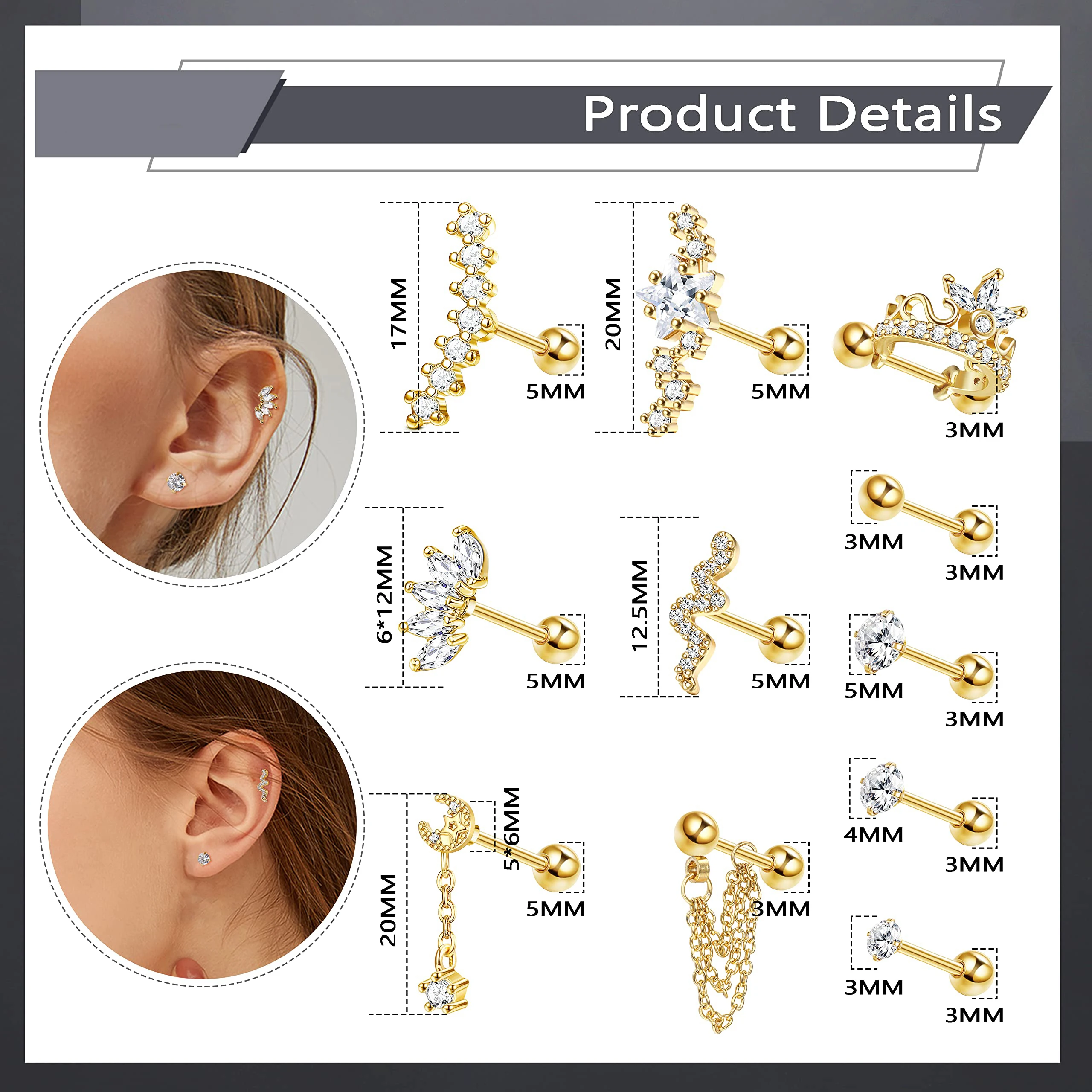 Drperfect boucles d'oreilles en acier inoxydable pour femmes hommes étoile lune serpent Cartilage vis arrière boucle d'oreille Helix Piercing bijoux