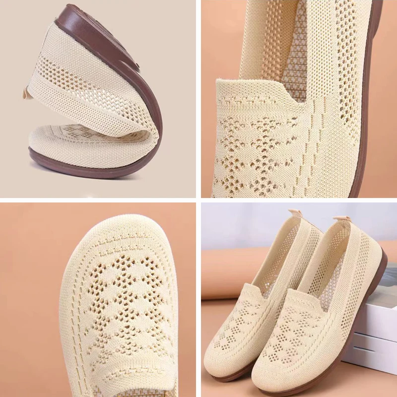 Sepatu kets wanita sepatu jalan musim panas berongga sepatu kasual anti-selip datar Slip On sepatu pantofel bersirkulasi jaring nyaman untuk perjalanan