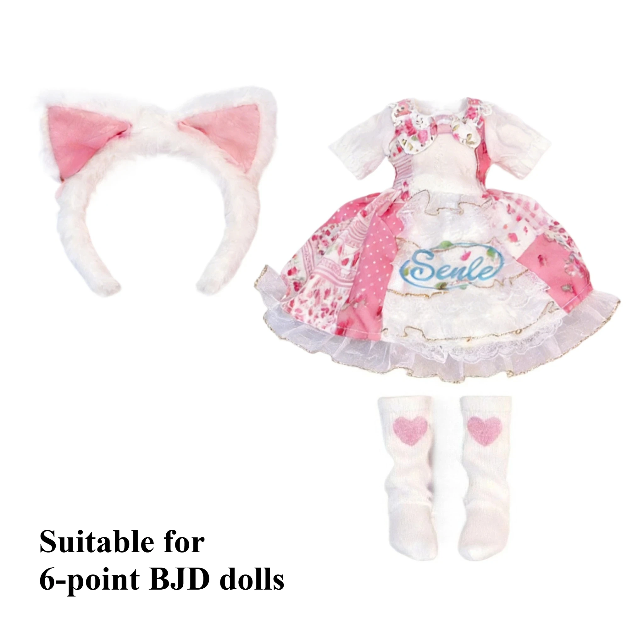 Robe florale rose et blanche à oreilles de chat, 6 points, poupée BJD, impression dentelle, jupe bouffante, ensemble de griffes en peluche, accessoires pour poupées de 30 cm, cadeau pour s'habiller