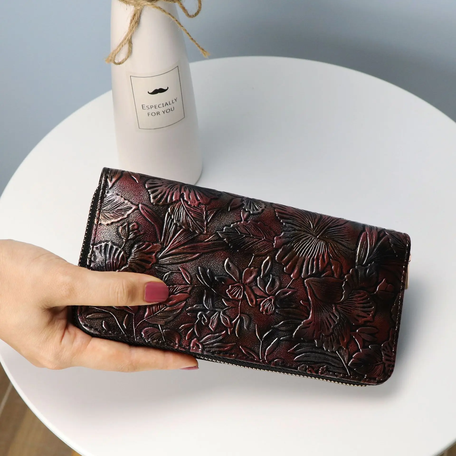 3D Flower Women Clutch Wallet VINTAGE PU Leather Wallet Female Long Wallet Women Zipper Purse Strap Coin Purse Cell Phone Pocket