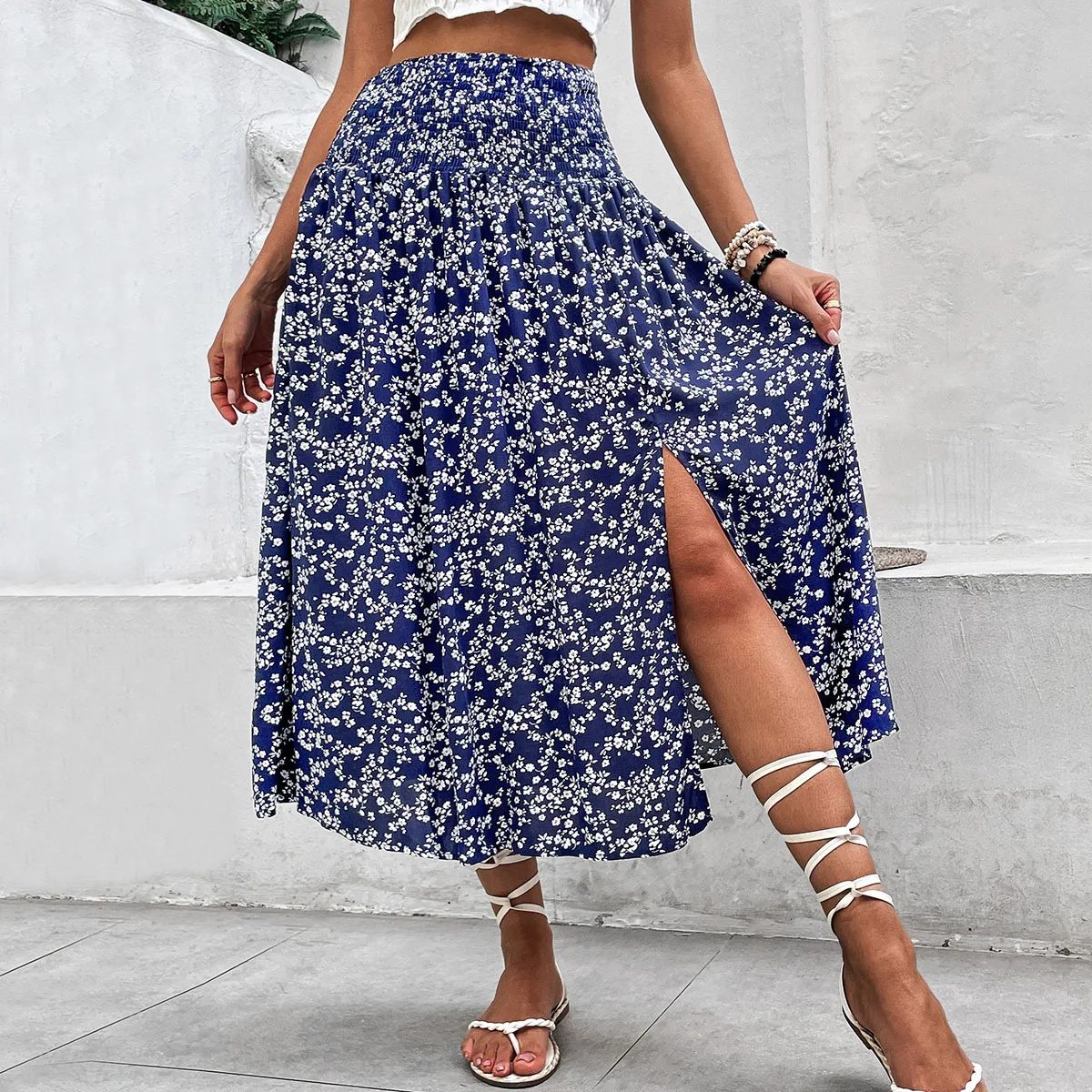 Split Skirt Summer European and American Women's Mid Length Blue Printed Skirt