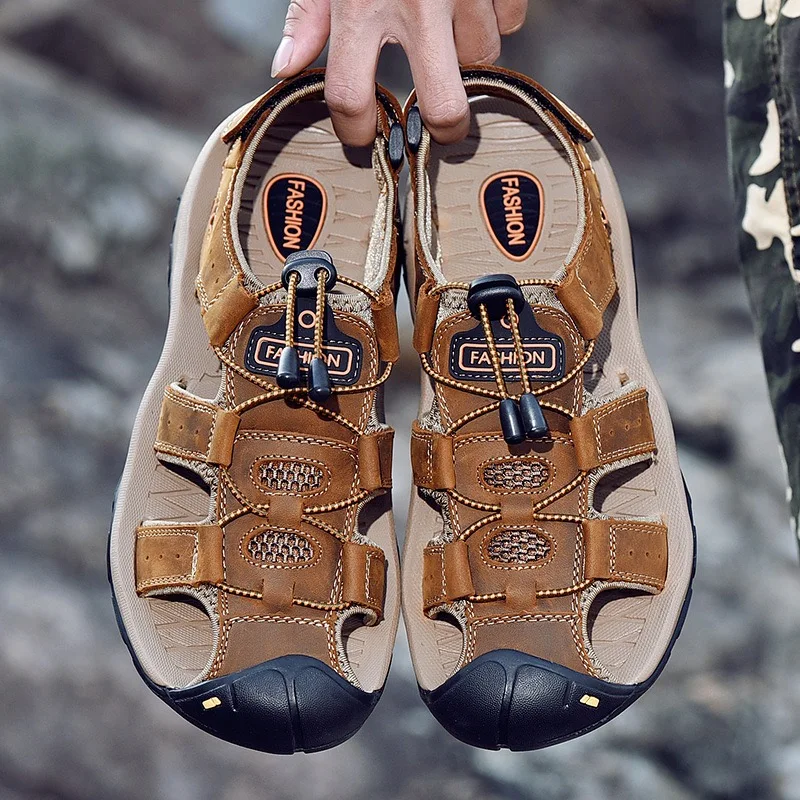 Sandalias informales de cuero genuino para hombre, zapatos de playa Baotou a la moda, antideslizantes para exteriores, senderismo y Trekking, Verano