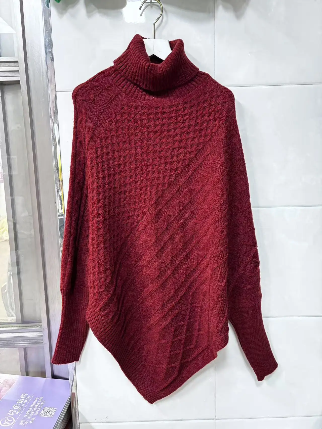 Ladies' Diagonal Texture Knitted Open Angle Sweater With High Neck And Irregular Hem, Oversized Autumn Warmth And Fashion Jumper 5