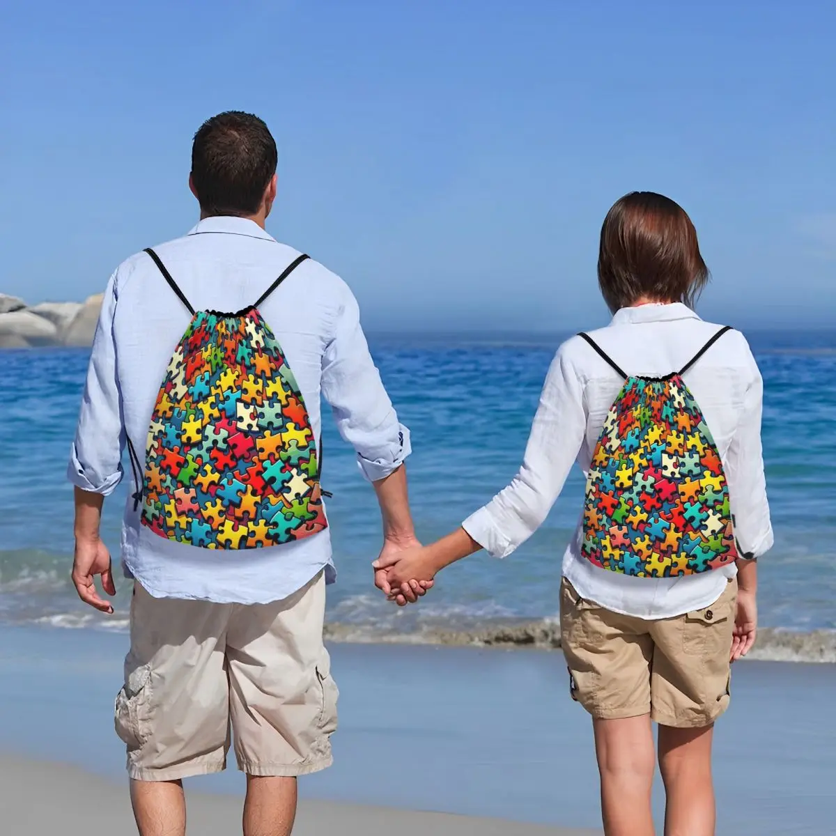Autism Awareness Colorful Puzzle Piece Print Backpacks Portable Drawstring Bags Sports Bag Book Bags for Man Woman Students