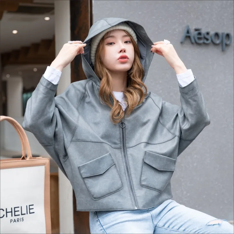 Manteau en peau de mouton importé décontracté pour femmes, Style Cape à capuche, veste en cuir véritable, vêtements d'extérieur amples à la mode printemps/automne