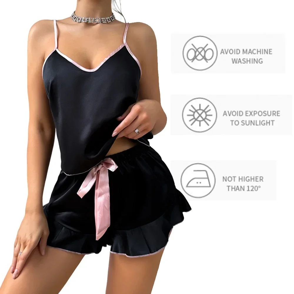 Pijama de cetim liso feminino, camiseta com decote em v, bordas com babados e shorts, conjunto de pijama simples e respirável, 2 peças