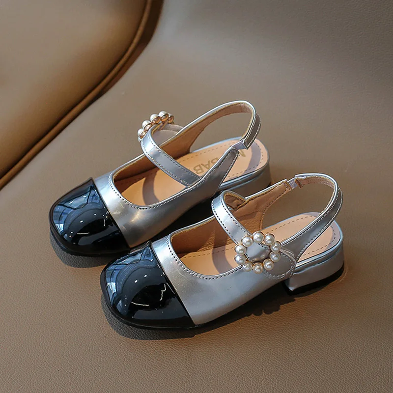 Patent Leatherette Heeled Slingback Sandals for Girl Elegant Wedding Party Shoes Kids Luxury Pearl Buckle Brand Design Sandalias