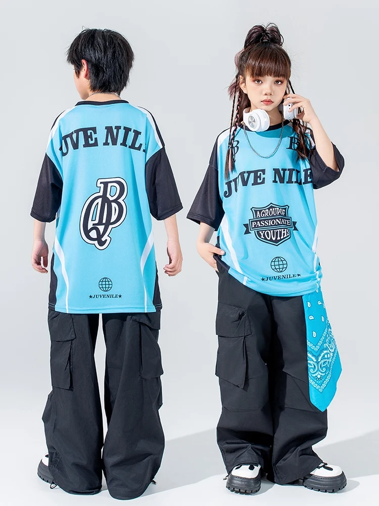 

2024 New Hip Hop Dance Costumes For Girls Blue Tops Black Cargo Pants Streetwear Boys Jazz Modern Performance Clothes DQS16229