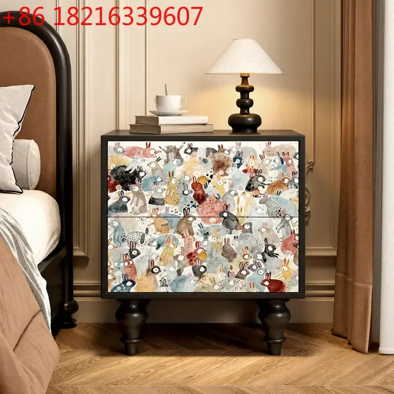 YAOSolid Wood Retro Storage Cabinet Abstract Art Bedside Table Living Room Side Chest Drawer Cabinet for Bedroom Home Decor