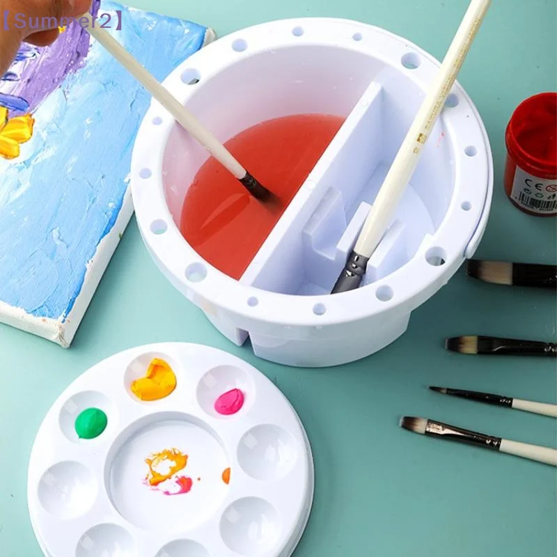 3-in-1 Brush Washer Bucket With Palette Lid Painting Brush Holder Art Watercolor Oil Painting Cleaning Tools Brushes Tray 〔Sum2〕