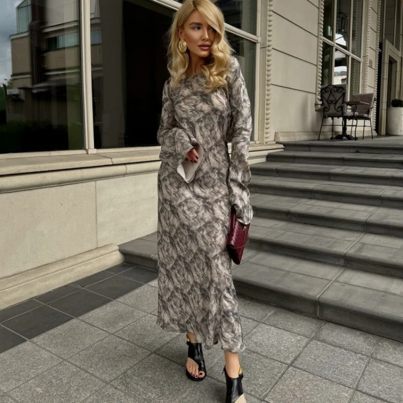 Robe longue imprimée Vintage pour femmes, coupe cintrée, manches évasées, col rond, Maxi, mode dame, tempérament, automne