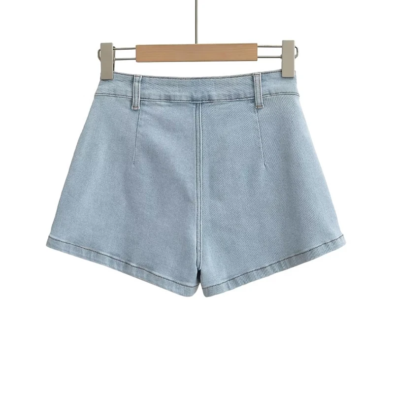 Summer new style preppy style pleated denim mini skirt retro for women clothing high waist slightly stretch denim skirt