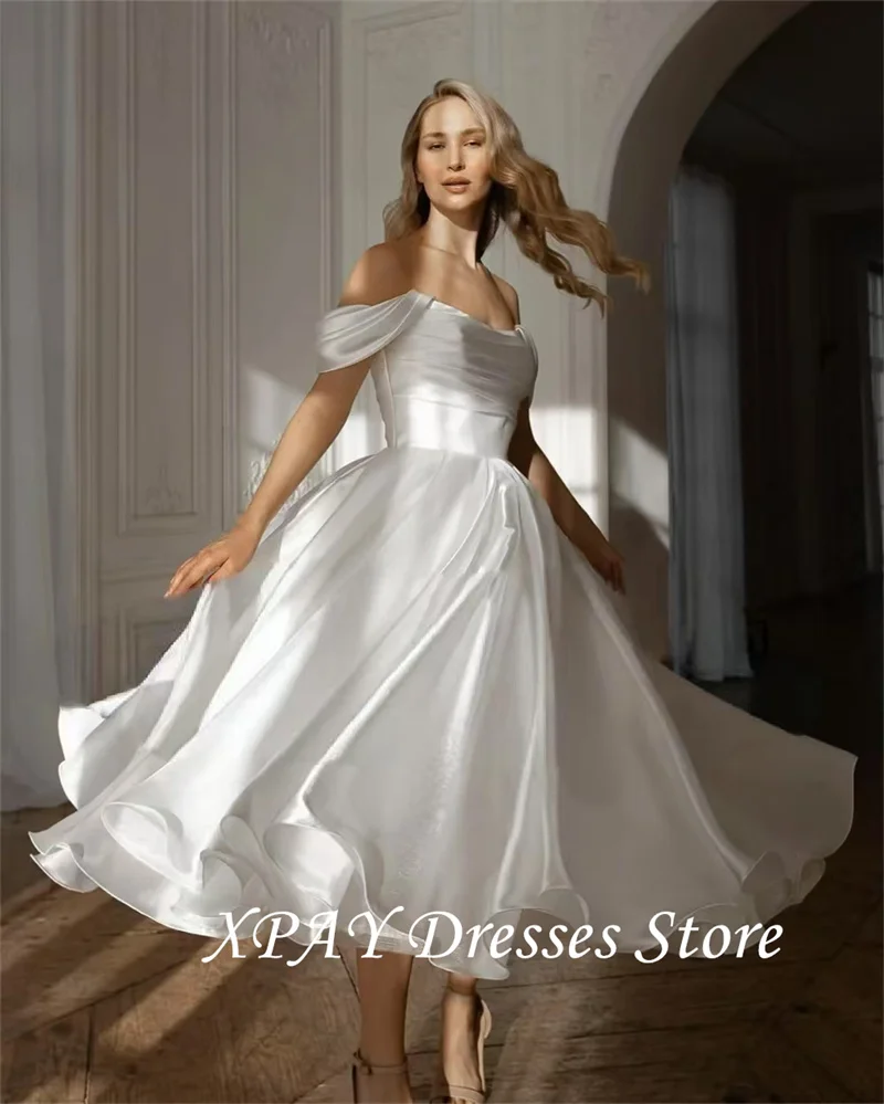 XPAY Simple Off Shoulder Wedding Dresses Customized Pleat Strapless Ankle Length Bride Dress Princess Draped A Line Bridal Gown