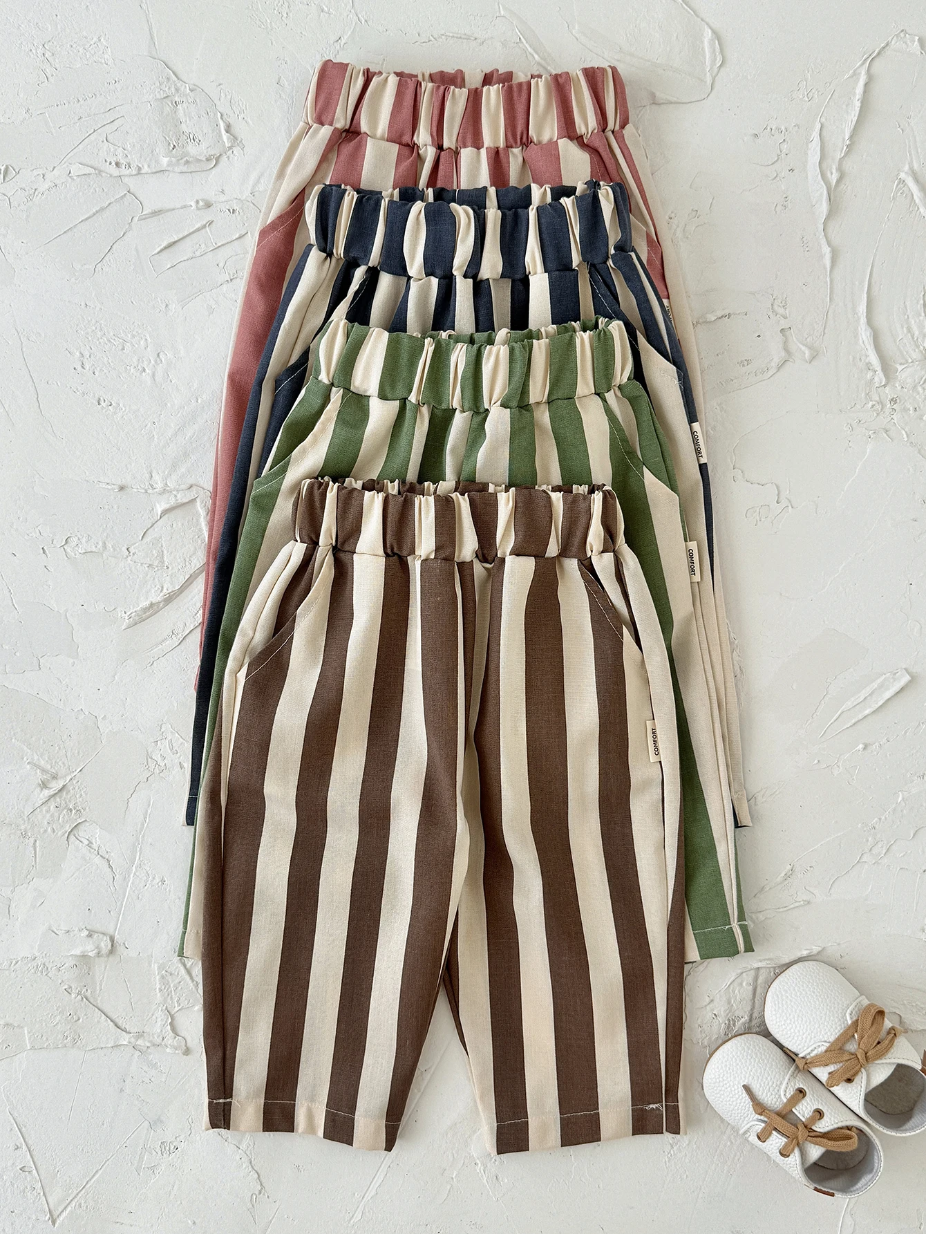 Spring Baby Vintage Vertical Striped Pants Elastic Waist With Pockets Breathable Loose Casual Trousers For Toddlers