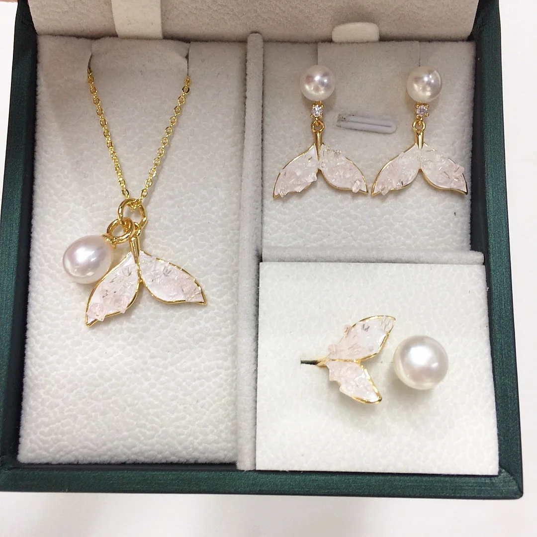 5A Grade High Brightness and Immaculate Crushed Ice Crystal Fishtail Natural Freshwater Pearl Pendant Earrings Ring Set Gift