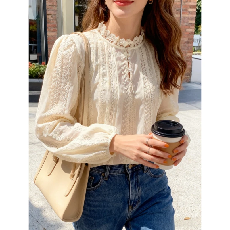 جديد شيك ربيع الخريف الدانتيل المرأة بلوزة عصرية كم طويل عادية أنيقة مكتب قميص فضفاض طوق ملابس علوية أنيقة #1