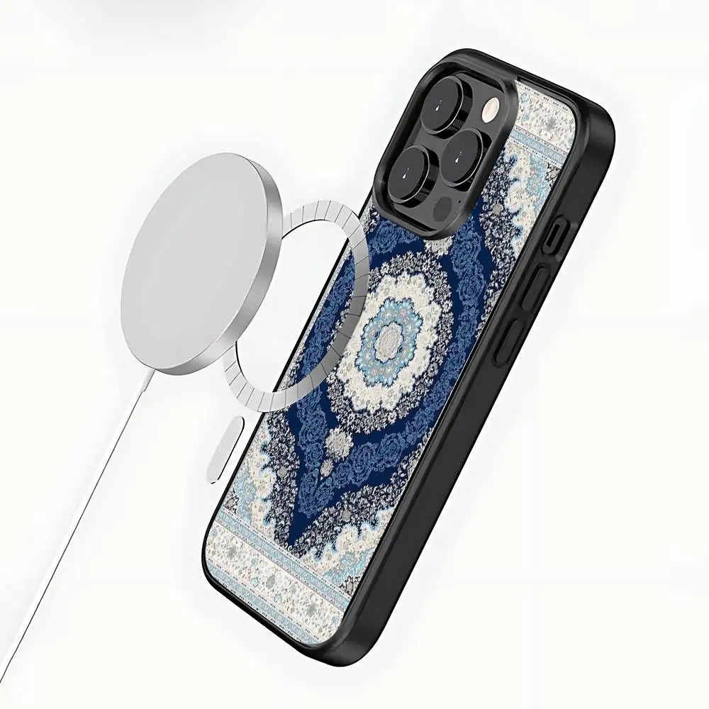 Etui na iPhone'a 17, 16, 15, 14, 13, 12, 11, Pro, Max, Plus, Mini, SE4, z wzorem perskiego dywanu, z obsługą ładowania bezprzewodowego Magsafe.