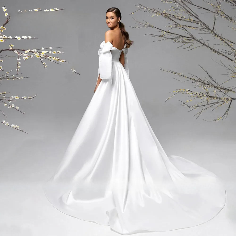 Customized Satin Off Shoulder Strapless Butterfly Sleeve Wedding Dress 2026 High Waisted A-line Bridal Gown Suitable for Gardens view 5