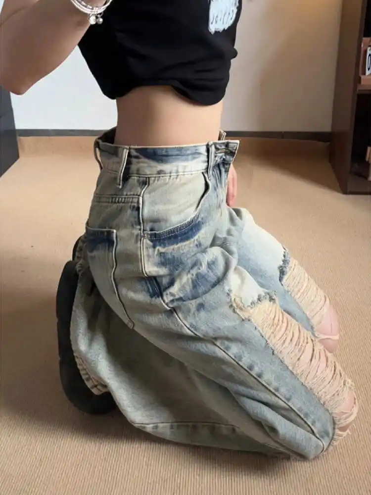 

Blue Womens Jeans High Waist Vintage Straight Y2K Summer Denim Pants Ripped Streetwear American Wide Leg Baggy Denim Trouser