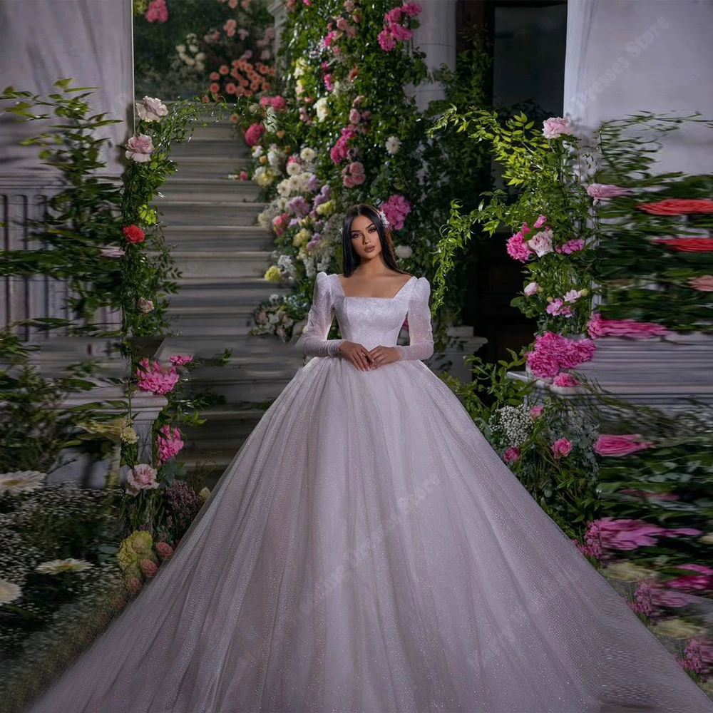 

Square-Neck Long Sleeves Wedding Dresses For Women Elegant A-Line Bride Gowns Engagement Banquet Vestidos Novias Boda Customized