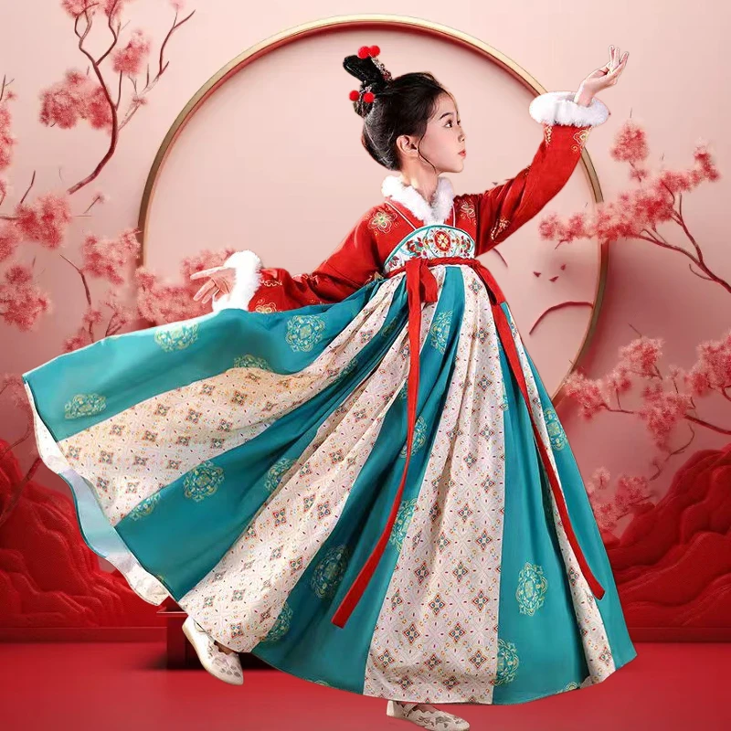 

Girls Hanfu Winter Quilted Thick Warm Dress Chinese Traditional Children Princess Costumes Party Dresses Children's Clothing