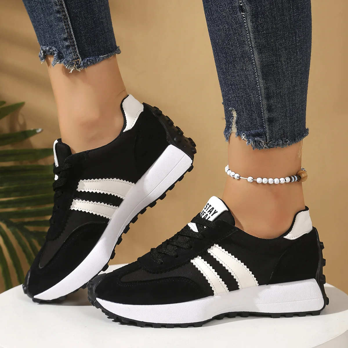 

Women's Black Vintage Striped Athletic Sneakers Lightweight Casual Walking Shoes