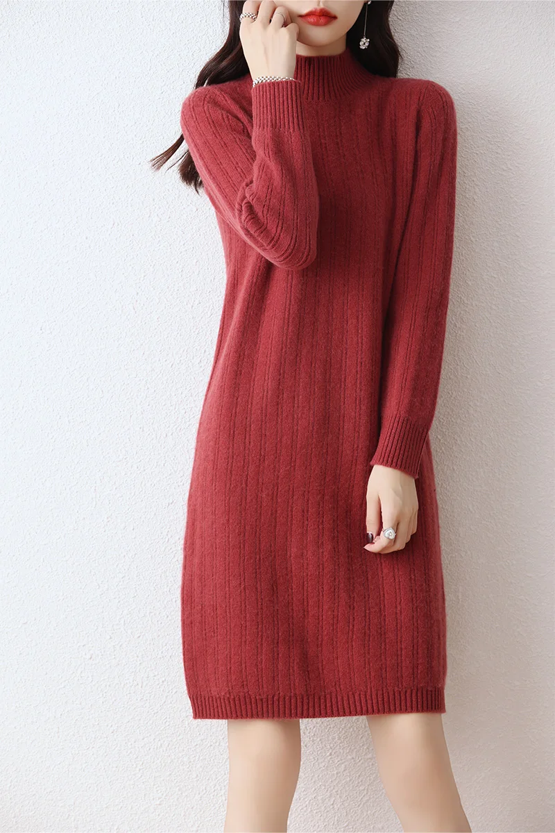 100% Merino Wool 2023 Autumn Women's New Dress Half-Height Round Neck Thick Solid Color