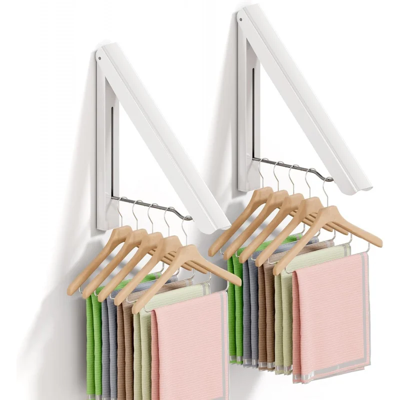 2 Clothes Drying Rack Foldable Collapsible, Folding Laundry Wall Mounted Retractable Hanger Room,