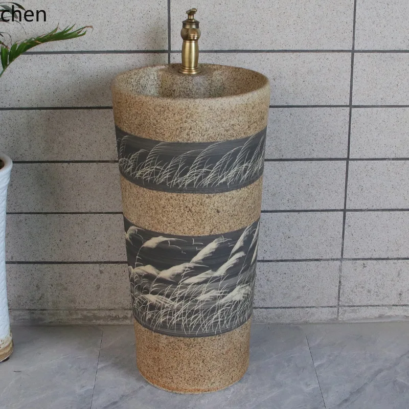 PYH Ceramic Pedestal Wash Basin Small Space Balcony Outdoor Wash Basin Pedestal Basin Floor Standing Antique Style