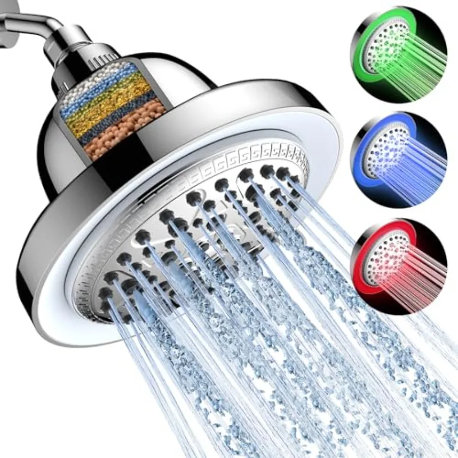 

Filtered Shower Head with LED Color Changing 7 Modes High Pressure Rain Shower Head with Filters Water Softener Showerhead for