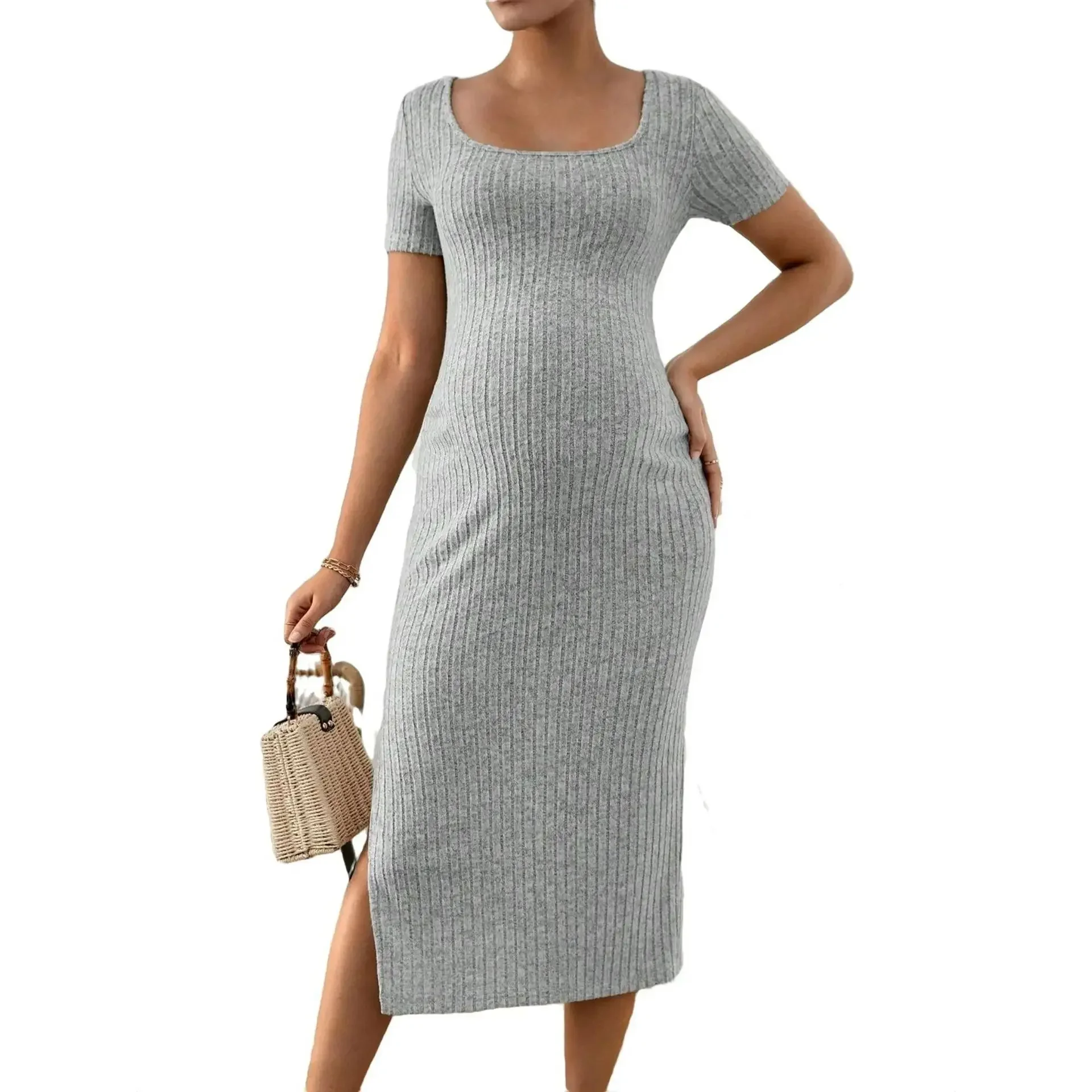 Pregnancy Dresses Fashion Maternity Rib Knit Round Square Neck Short-sleeved Pregnant Women Clothing One-piece Elegance Dress