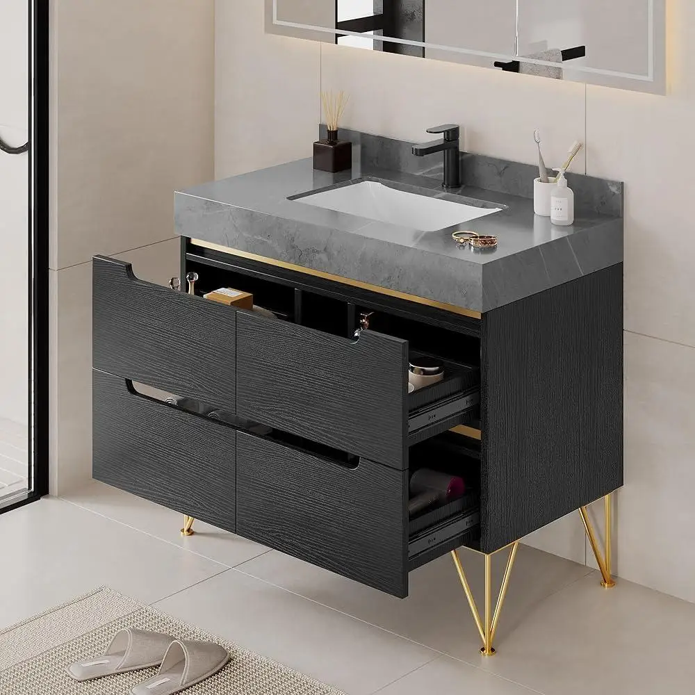 36 Inch Bathroom Vanity with Sink Soft Close Drawers Sintered Stone Countertop Pre-assembled Cabinet Wear-resistant Freestanding